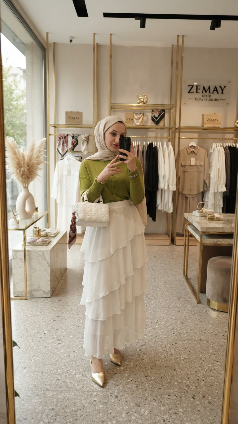 Fırfırlı Kuşak Detaylı Şifon Etek