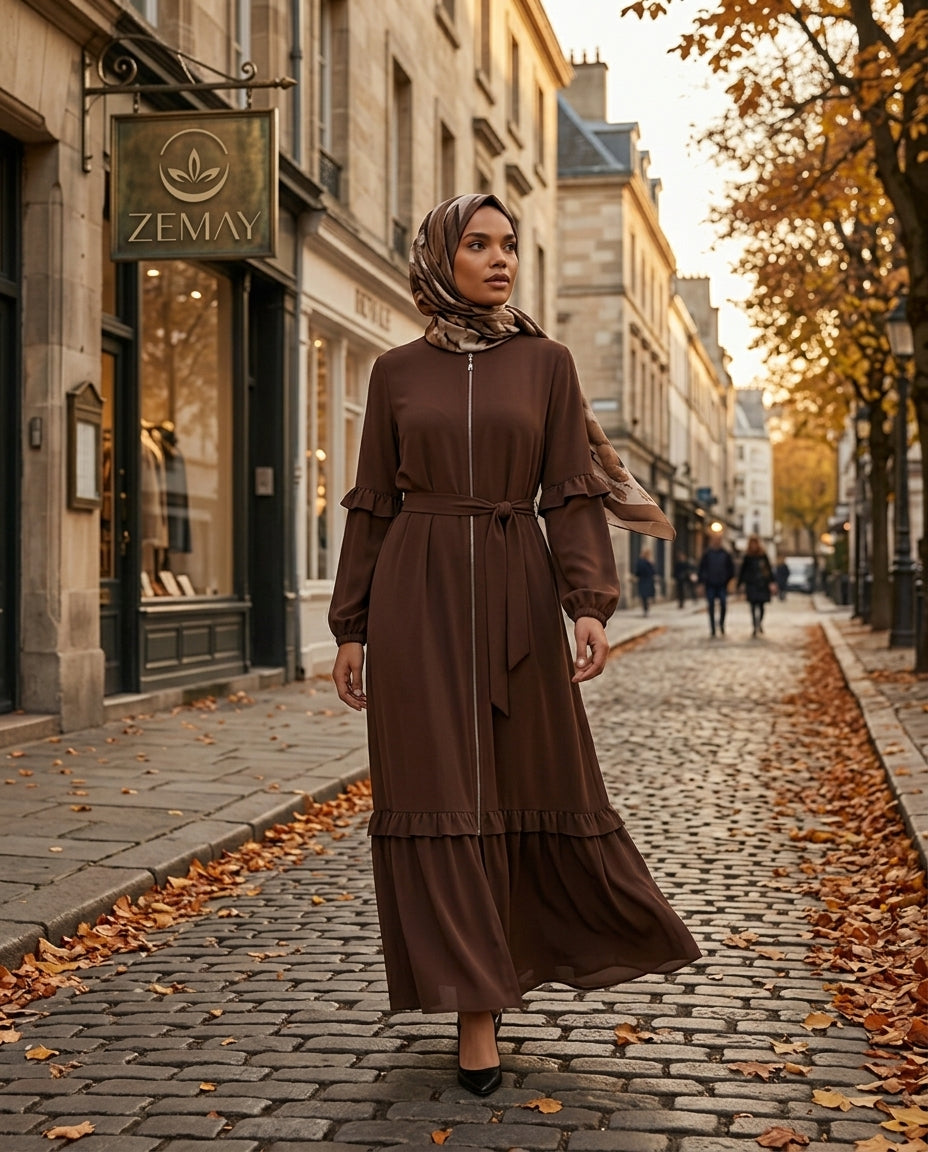Kuşak Detaylı Fırfırlı Ferace
