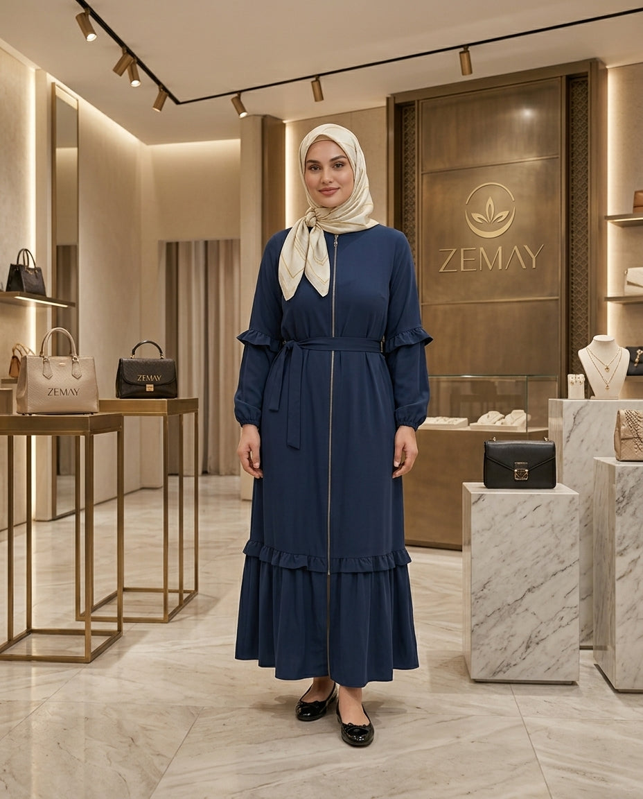 Kuşak Detaylı Fırfırlı Ferace