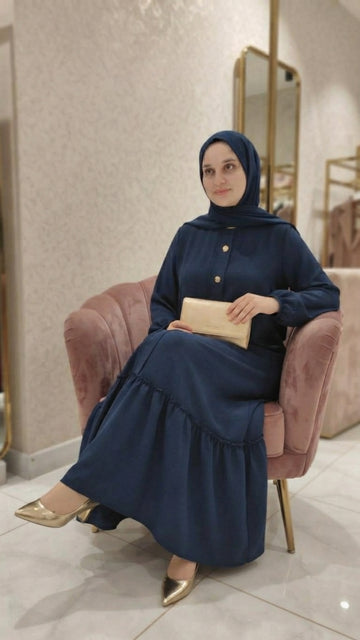 Düğme Detaylı Krep Kumaş Elbise