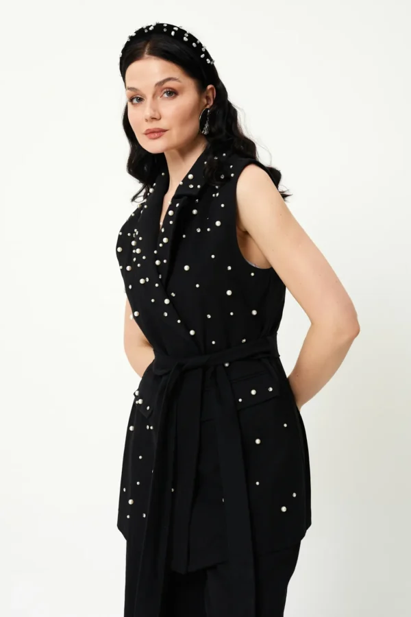 Kadın Kuşaklı Taş Detaylı Kot Yelek