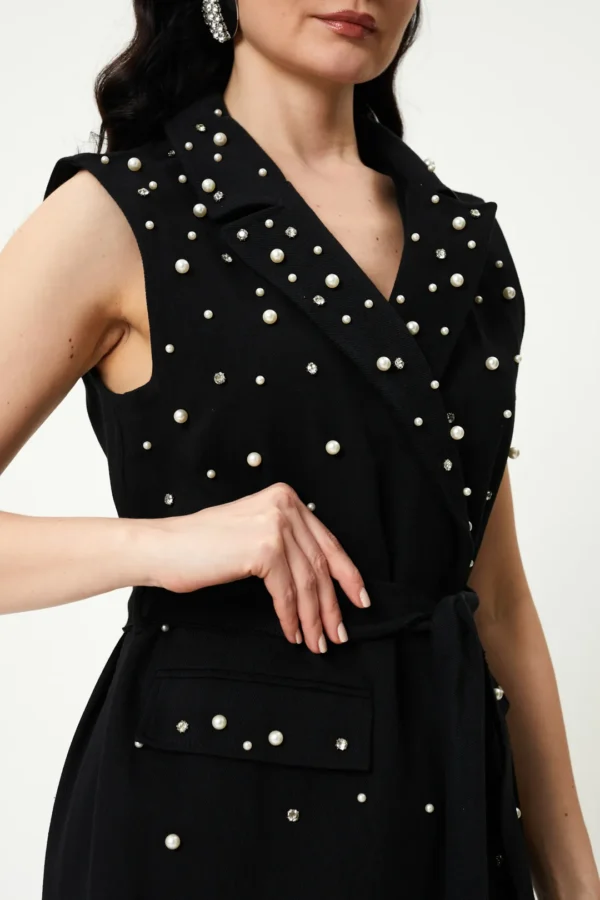 Kadın Kuşaklı Taş Detaylı Kot Yelek