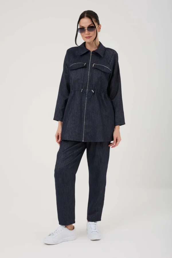 Kadın Fermuar Cep Detaylı Denim Takım