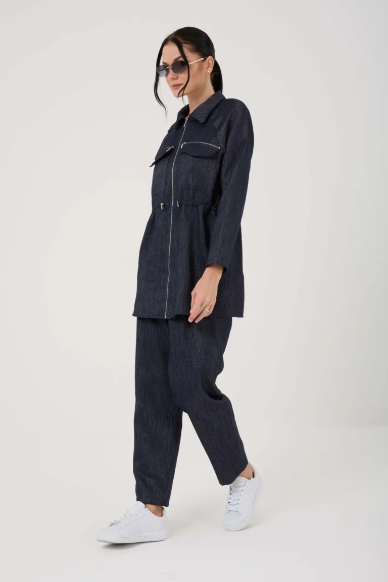 Kadın Fermuar Cep Detaylı Denim Takım