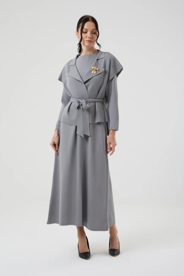 Kadın Altın Broş Detaylı İkili Ceketli Triko Elbise